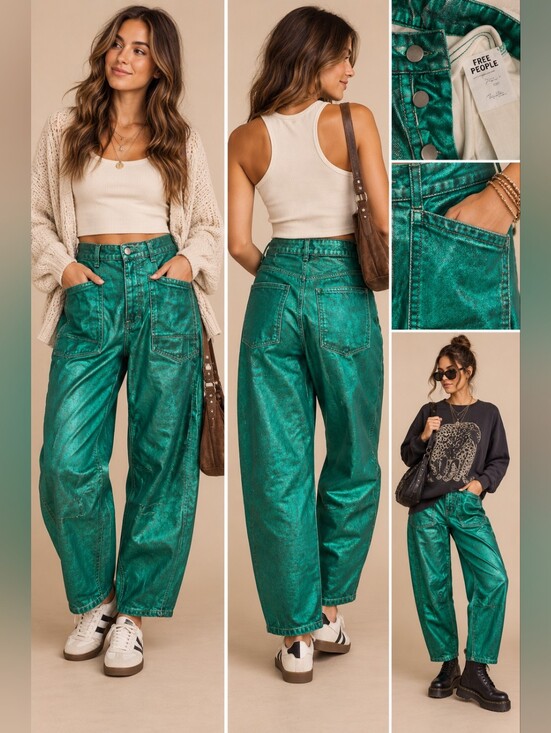 Free People Denim - We The Free Moxie Metallic Emerald Green Barrel Jeans